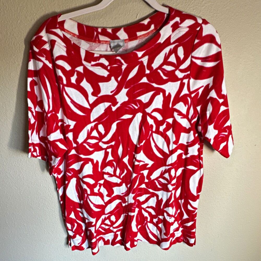 Chico's Women’s Top Size 3 Red White Floral Knit Round Neck Short Sleeve